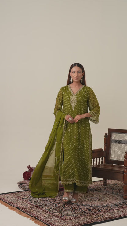 Poly Organza Printed With Embroidered Kurta With Trousers & Dupatta