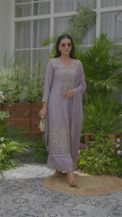 Embroidered Mirror and Cut Work Pakistani Kurta with Trouser and Dupatta Set