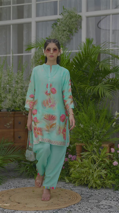 Aqua Blue Floral Printed Co-ord Set with Straight Pants
