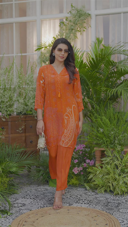 Natural Crepe Printed Hand Work Orange Co-Ord Set