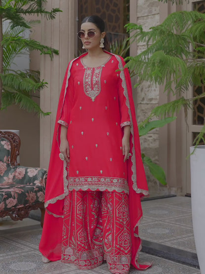 Women Ethnic Motifs Embroidered Straight Kurta & Sharara With Dupatta