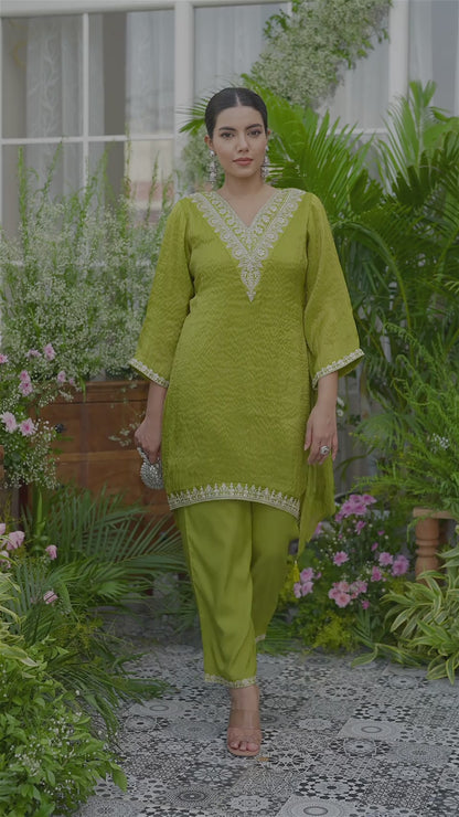 Lime-green V-Neck Handwork with Sequence Touch Co-Ord Set