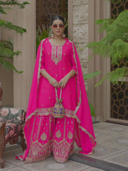 Embroidered Sequinned Work Straight Kurta & Sharara With Dupatta