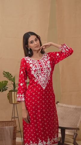 Rani Bandhani Printed Thread Work Straight Kurta