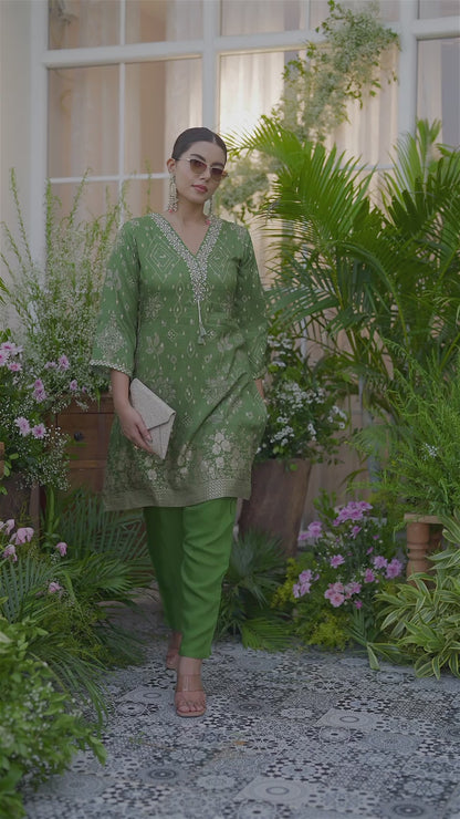 Mirror Embellished Green Jacquard Co-Ord Set