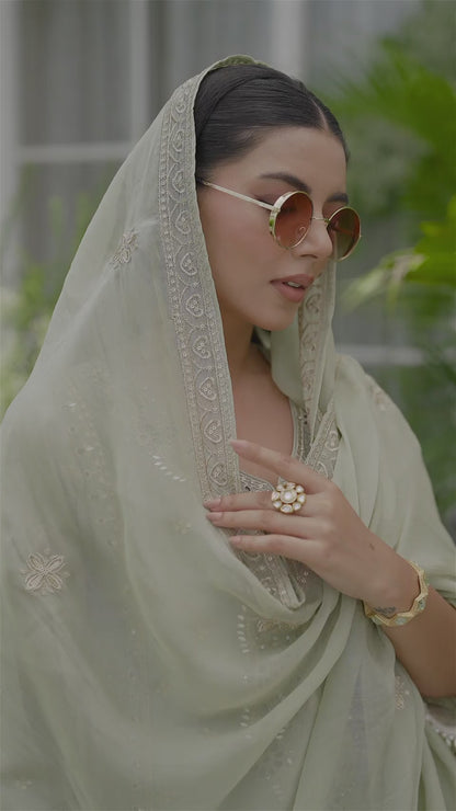 Embroidered Mirror and Cut Work Pakistani Kurta with Trouser and Dupatta Set