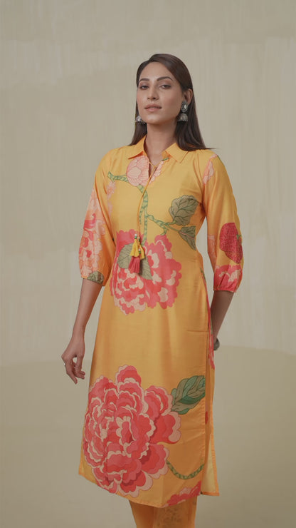 Yellow Floral Printed Shirt Collar Straight Kurta & Trouser