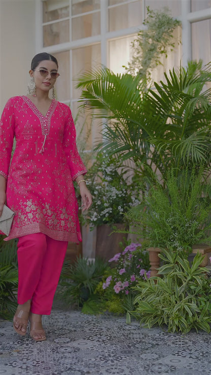 Mirror Embellished Jacquard Co-Ord Set in Pink