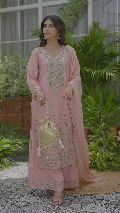 Embroidered Mirror and Cut Work Pakistani Kurta with Trouser and Dupatta Set