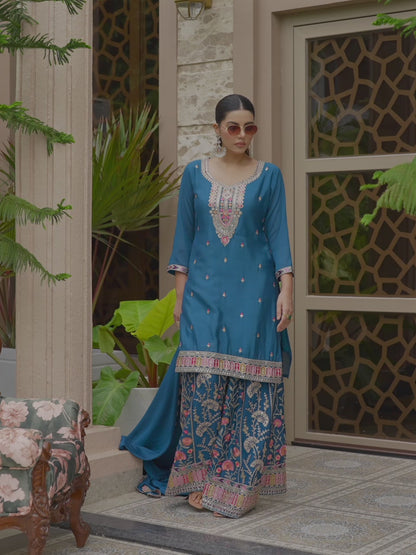 Women Ethnic Motifs Embroidered Kurta with Sharara & Dupatta