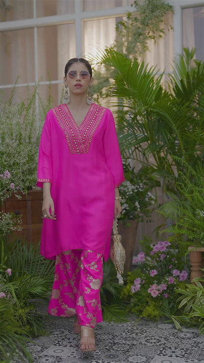 Stunning Pink Kurta with Gold Embroidery & Jacquard Palazzo Pants