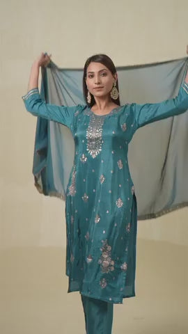 Teal Embroidered Calf Length Festive Kurti and Trousers With Dupatta