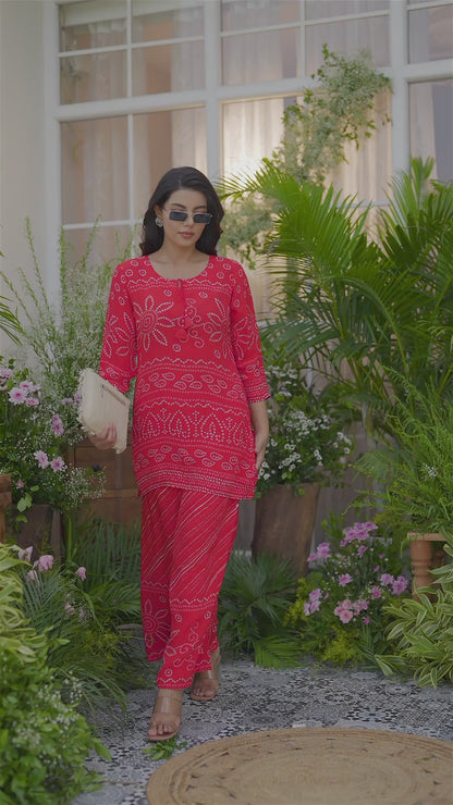 Red Badhani Natural Crepe Kurti With Trouser Co-Ords