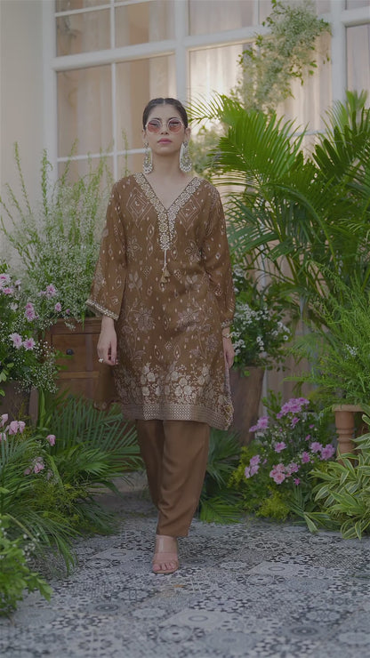 Brown Jacquard Co-Ord with Statement Neckline