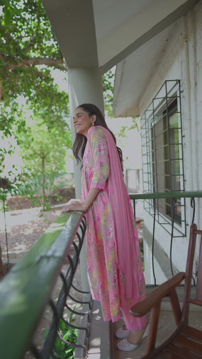 Pink Floral Printed A-Line Kurta and Trousers With Dupatta