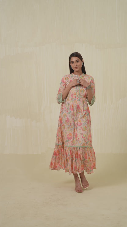 Orange Floral Printed Mandarin Collar Sequinned Cotton Fit & Flare Ethnic Dresses