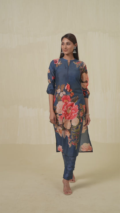 Navy Blue Floral Printed Straight Kurta and Trousers