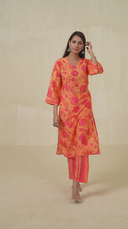 Red Yellow Floral Printed Sequinned Square Neck Flared Sleeves Kurta With Trousers