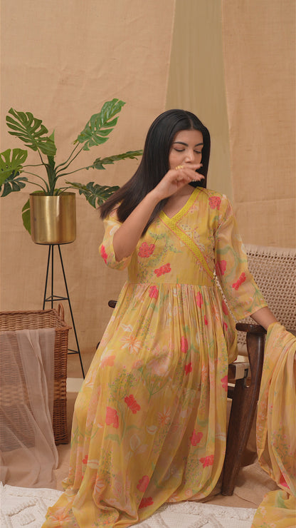 Yellow Floral Printed Angrakha A-Line Kurta With Palazzos & Dupatta